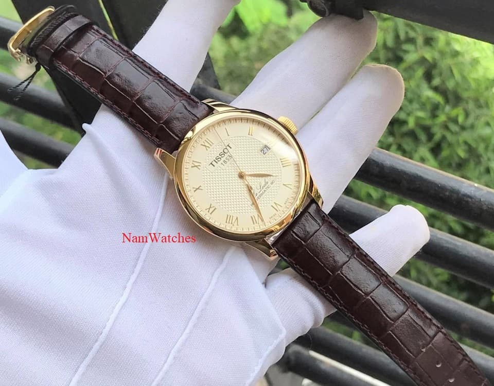 T0064073626300 (9) dong ho Tissot Le Locle Powermatic 80 Gold Leather - T006.407.36.263.00