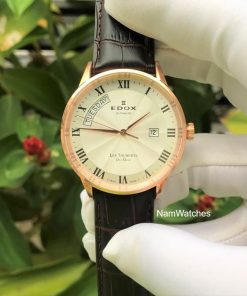 dong ho Edox Day Date Rose Gold Leather – 83007-37R-AR