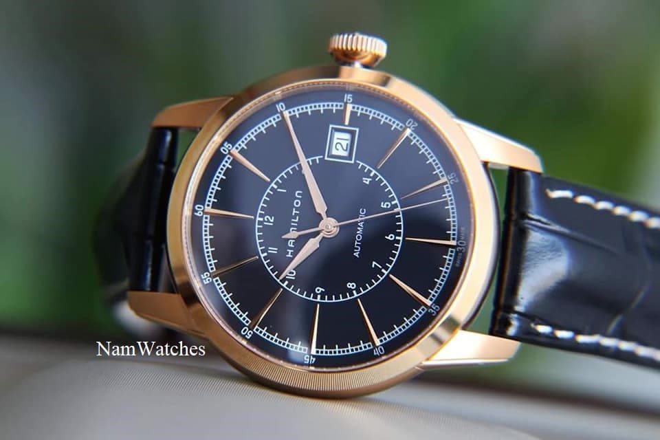 H40505731 (1) dong ho Hamilton Railroad Black Rose Gold Leather – H40505731