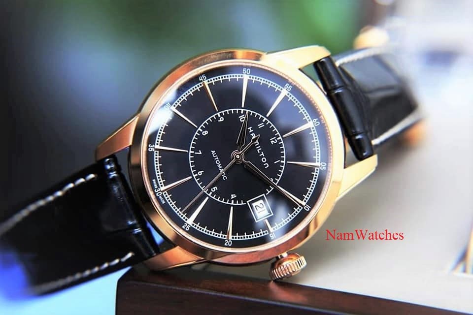 H40505731 (2) dong ho Hamilton Railroad Black Rose Gold Leather – H40505731