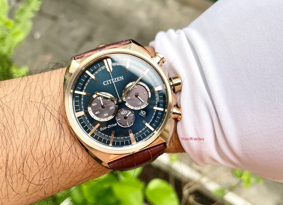 CA4283-04L (1) dong ho Citizen Eco-drive Chronograph Green Rose Gold Leather - CA4283-04L