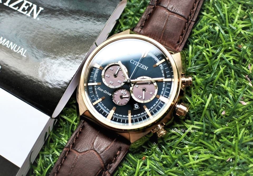 CA4283-04L (10) dong ho Citizen Eco-drive Chronograph Green Rose Gold Leather - CA4283-04L