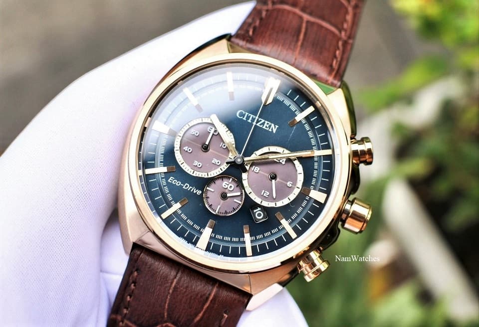 CA4283-04L (3) dong ho Citizen Eco-drive Chronograph Green Rose Gold Leather - CA4283-04L