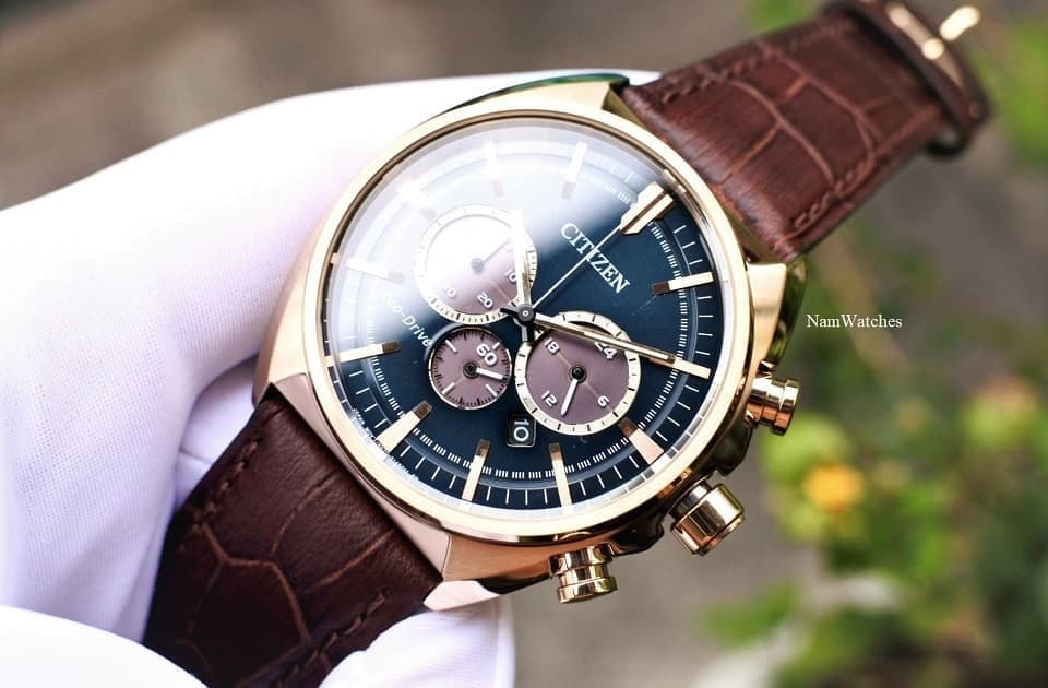 CA4283-04L (5) dong ho Citizen Eco-drive Chronograph Green Rose Gold Leather - CA4283-04L