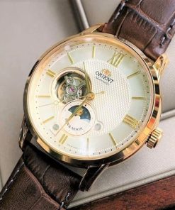 dong ho Orient Sun & Moon Open Heart Gold Leather - RA-AS0004S00B