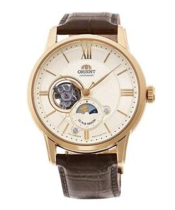 dong ho Orient Sun & Moon Open Heart Gold Leather - RA-AS0004S00B