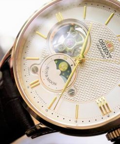dong ho Orient Sun & Moon Open Heart Gold Leather - RA-AS0004S00B