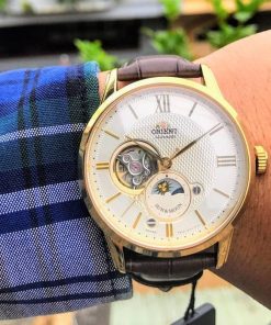 dong ho Orient Sun & Moon Open Heart Gold Leather - RA-AS0004S00B