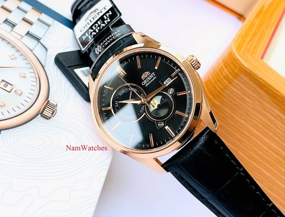 RA-AK0309B00C (1) dong ho Orient Sun & Moon Gen 5 Black Rose Gold Leather - RA-AK0309B00C
