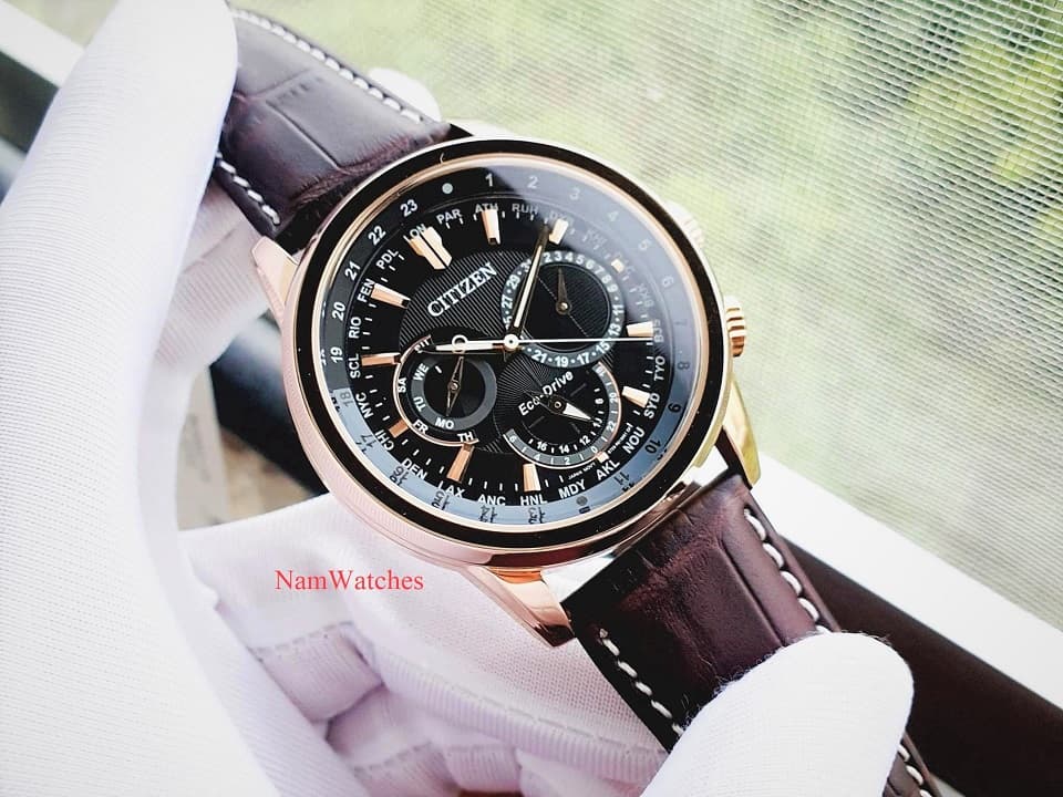 BU2023-12E (1) dong ho Citizen Eco-drive Calendrier Black Rose Gold Leather - BU2023-12E