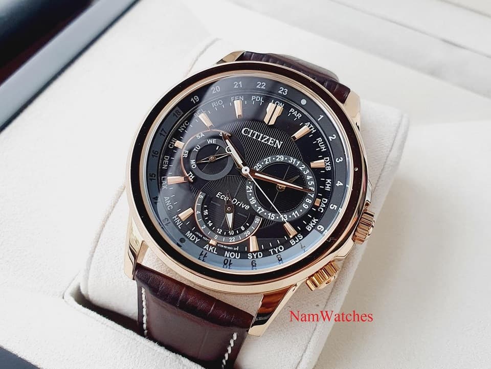 BU2023-12E (4) dong ho Citizen Eco-drive Calendrier Black Rose Gold Leather - BU2023-12E