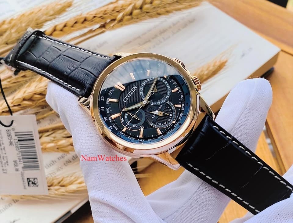 BU2023-12E (7) dong ho Citizen Eco-drive Calendrier Black Rose Gold Leather - BU2023-12E