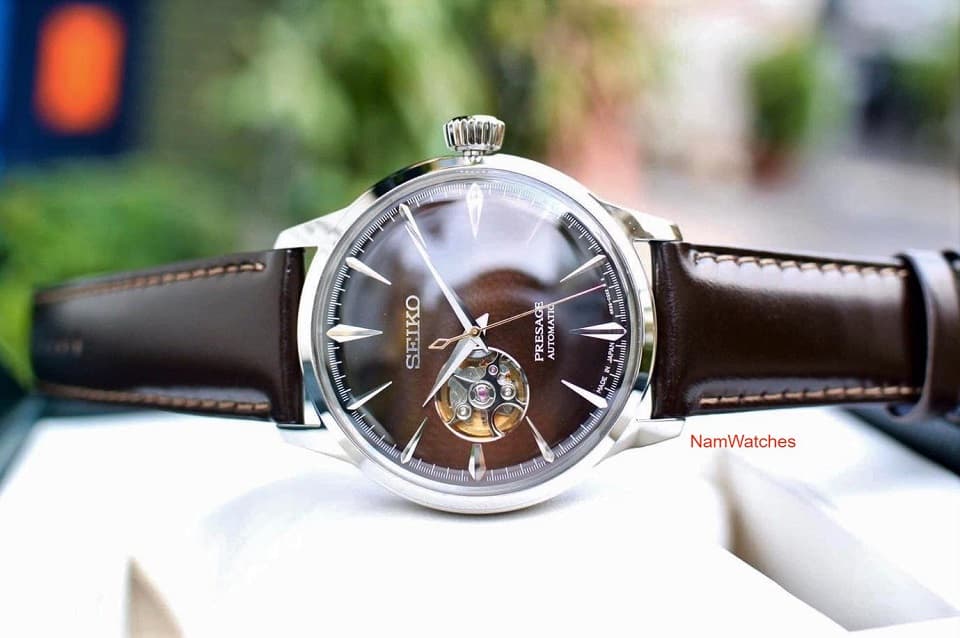 SSA407J1 (1) dong ho Seiko Presage Cocktail Open Heart Midnight Brown Leather - SSA407J1
