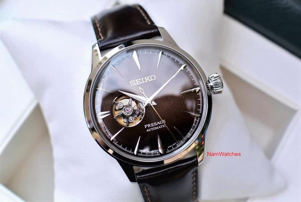 SSA407J1 (3) dong ho Seiko Presage Cocktail Open Heart Midnight Brown Leather - SSA407J1