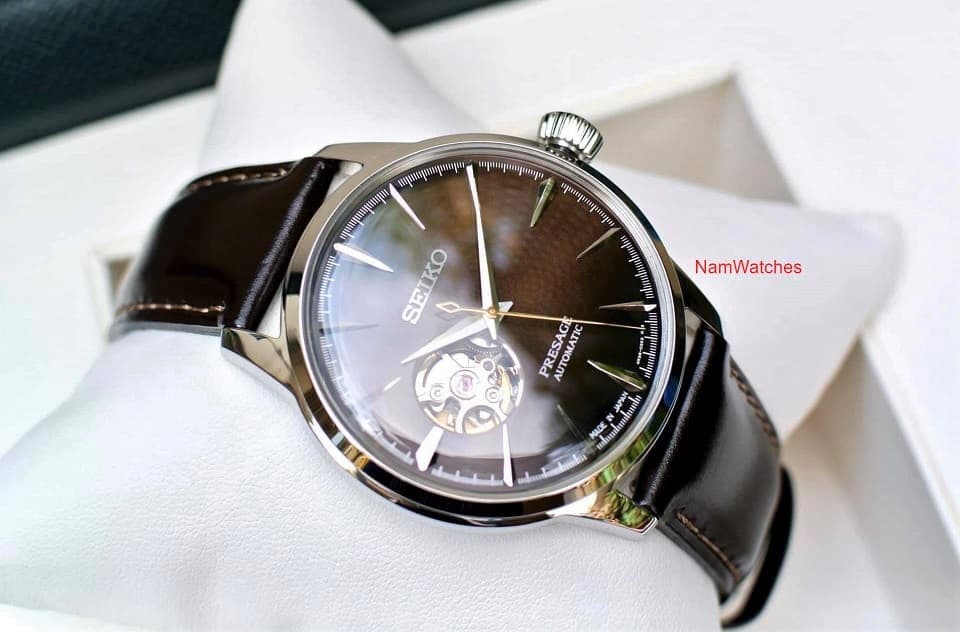 SSA407J1 (5) dong ho Seiko Presage Cocktail Open Heart Midnight Brown Leather - SSA407J1