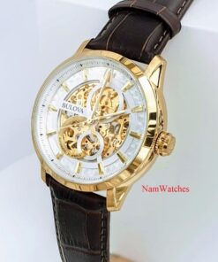 dong ho Bulova Sutton Skeleton Gold Leather - 97A138